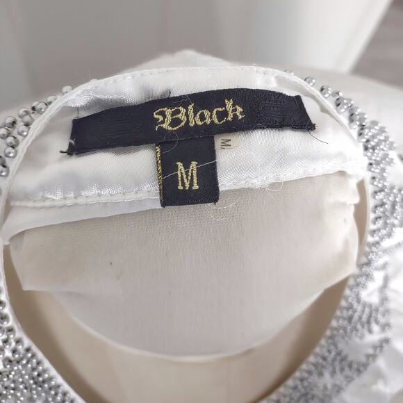 White Ponch Style Blouse by BLACK Boho Top w/ Silver Beads Goddess Festival Sz M - Picture 9 of 9